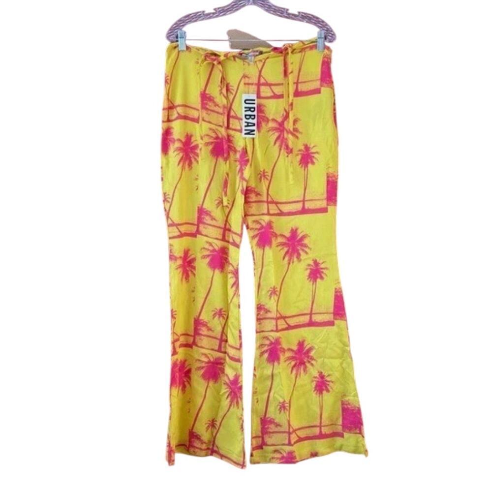 New Urban Outfitters Sunny Flare Cutout Pants Yellow Palm Tree Sz 14 Boho - Picture 2 of 10